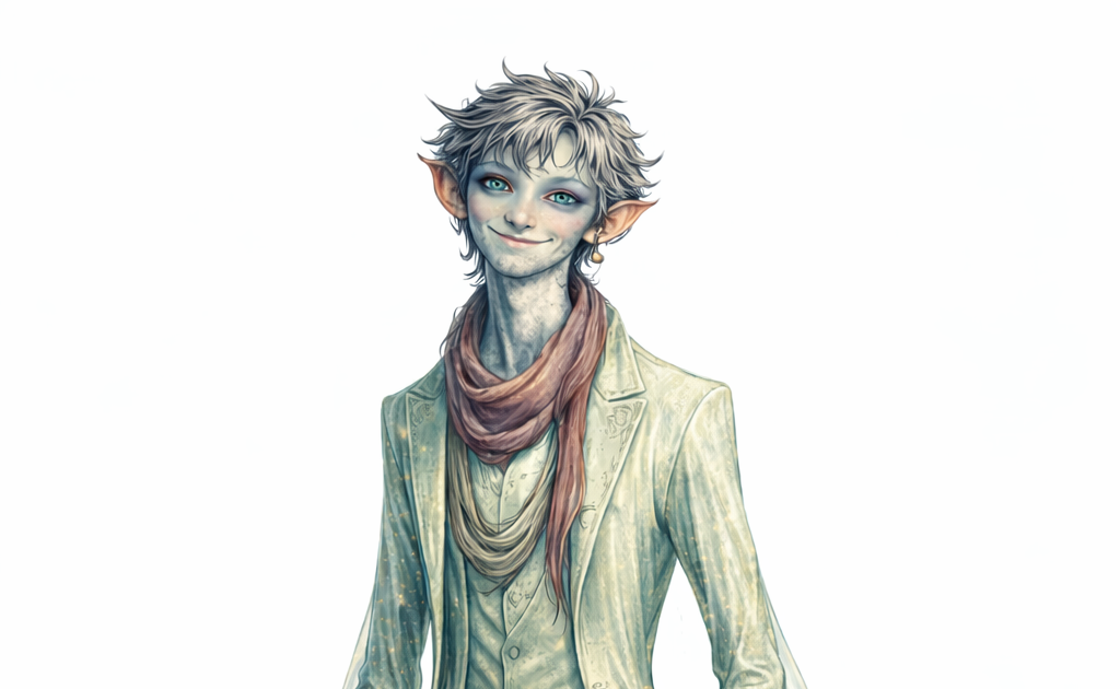 A slightly non-human masculine-presenting, very tall and slender, and quite gentle appearing person in a suit with a flowing cape.