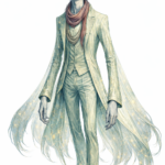 A slightly non-human masculine-presenting, very tall and slender, and quite gentle appearing person in a suit with a flowing cape.