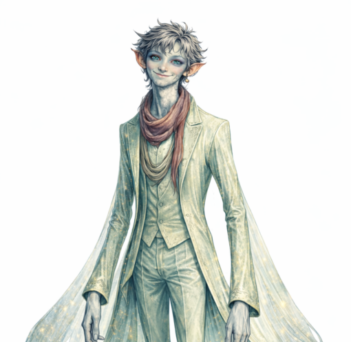 A slightly non-human masculine-presenting, very tall and slender, and quite gentle appearing person in a suit with a flowing cape.