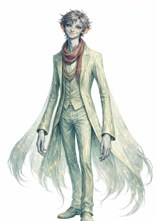 A slightly non-human masculine-presenting, very tall and slender, and quite gentle appearing person in a suit with a flowing cape.