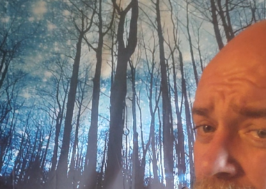 A man sitting on a bed with a tapestry of a forest in the evening with bare trees, and a dog laying on pillows looking at the man